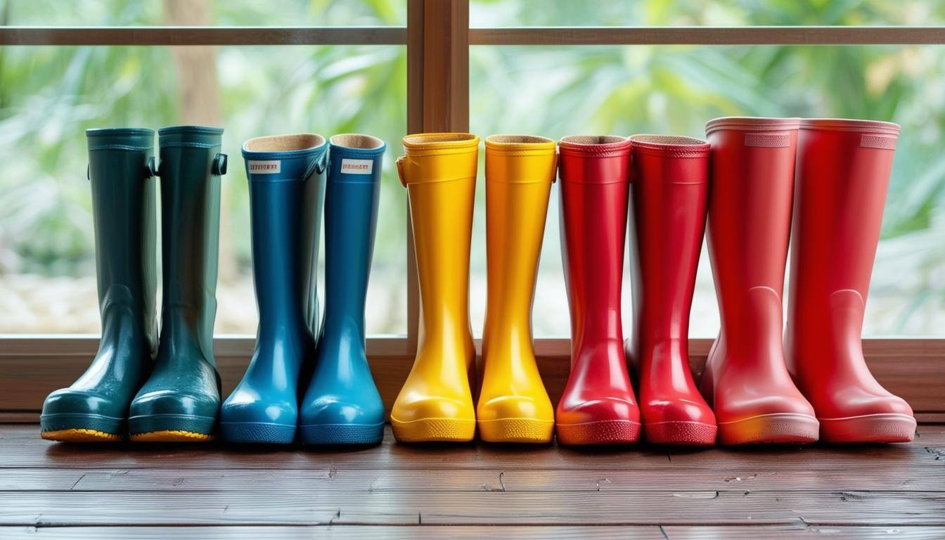 Maak een afbeelding van 5 paar regenlaarzen die op een houten vloer staan
